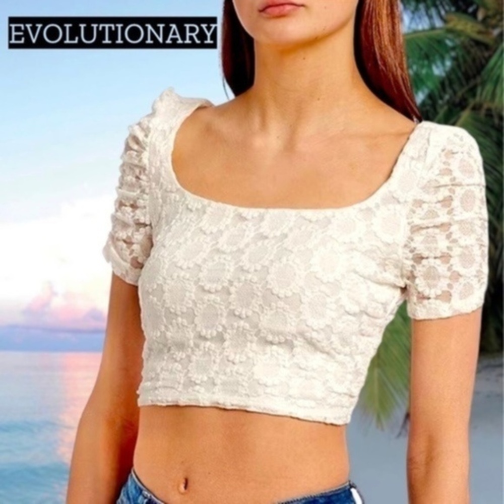 EVOLUTIONARY Short Ruched Sleeve Scoop Neck Sheer Back Lace Covered Crop Top NWT
